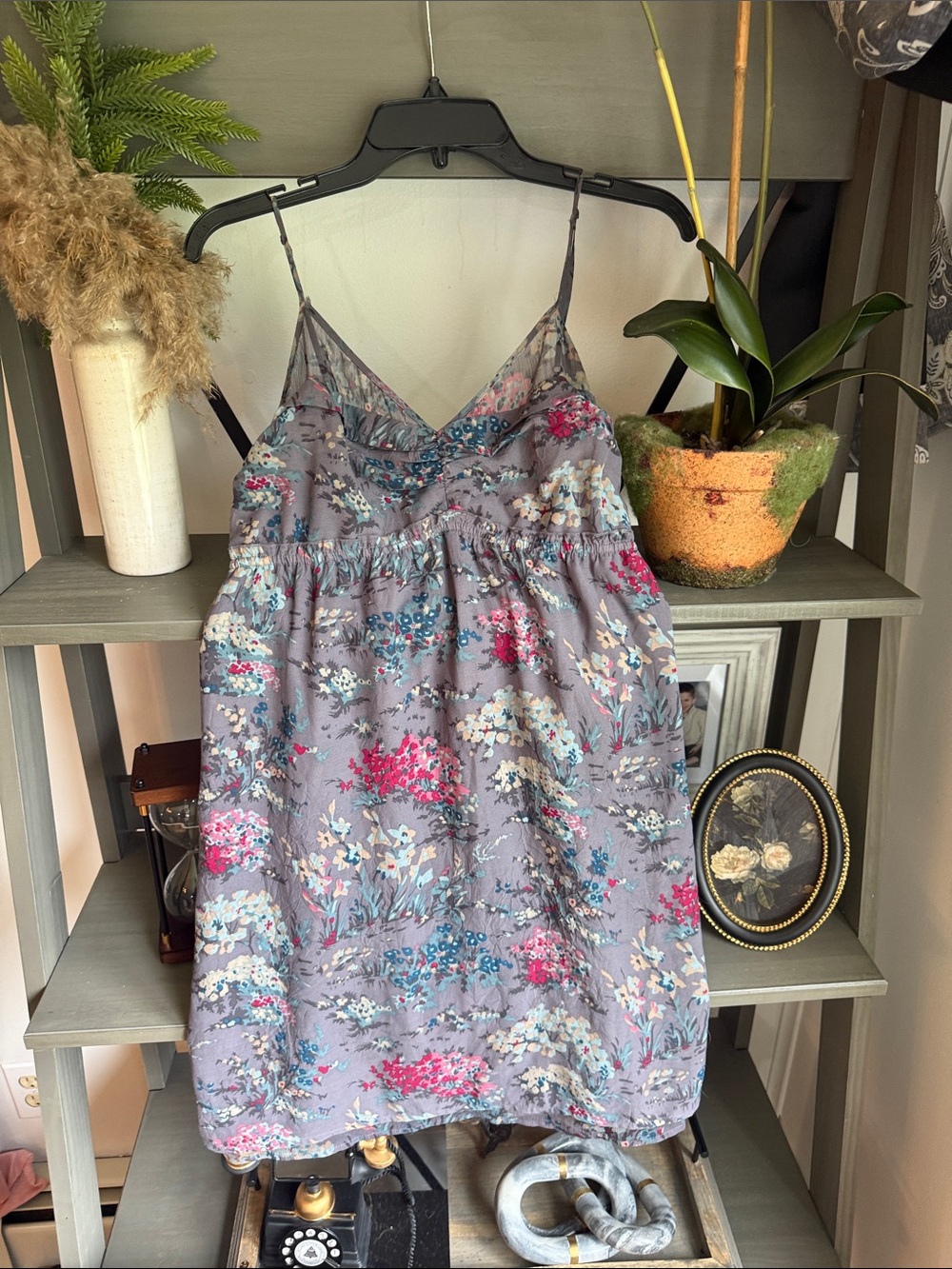 American Eagle Outfitters Floral Mini Dress in Gray with Pink & Blue Accents